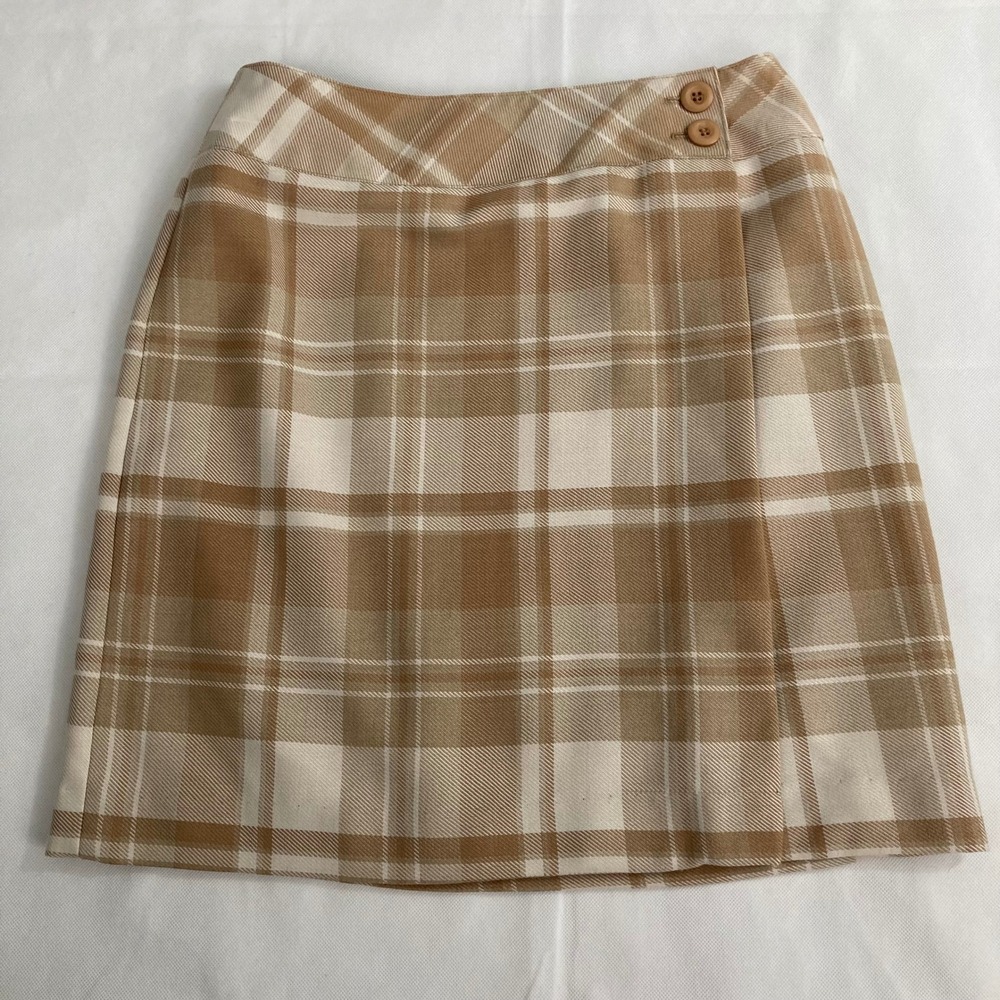 Vintage B. Moss Tailor Plaid Wrap Mini Skirt Size 4 Tan Brown Academic Career
